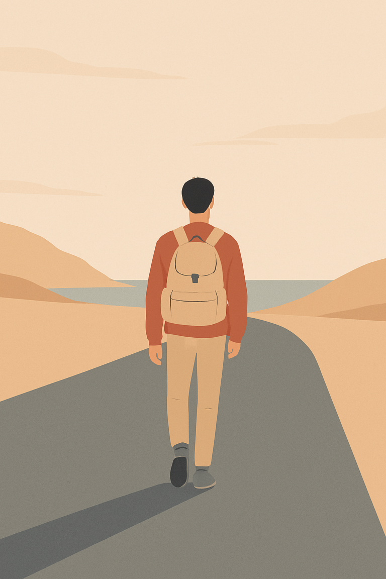 Person mit Rucksack auf leerer Straße in weiter Landschaft Richtung Meer – Symbol für Neuanfang, inneren Frieden und bewusste Lebensgestaltung