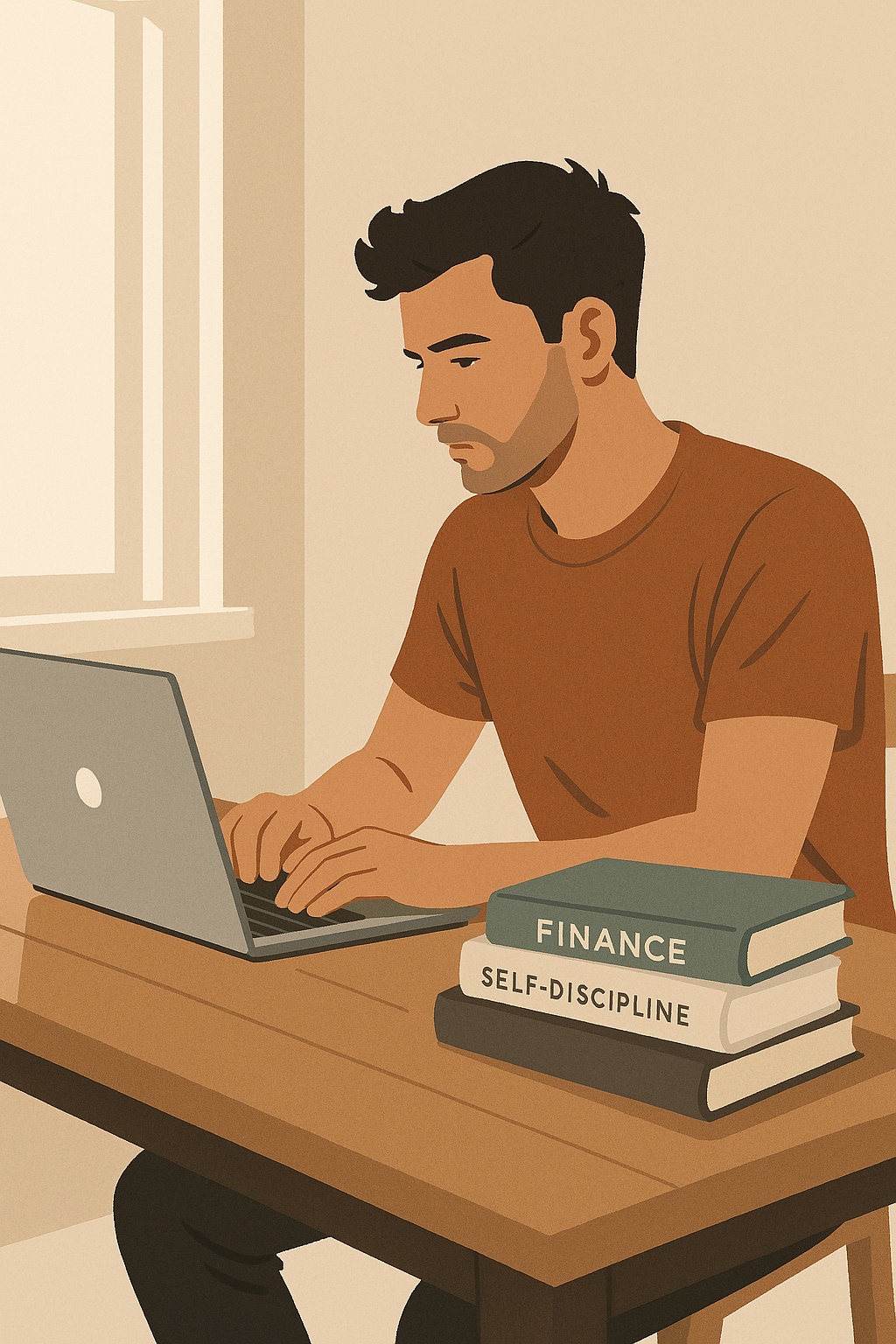 Mann arbeitet konzentriert in heller, minimalistischer Umgebung mit Laptop und Finanzbüchern – Symbol für Selbstbestimmung und finanzielle Klarheit
